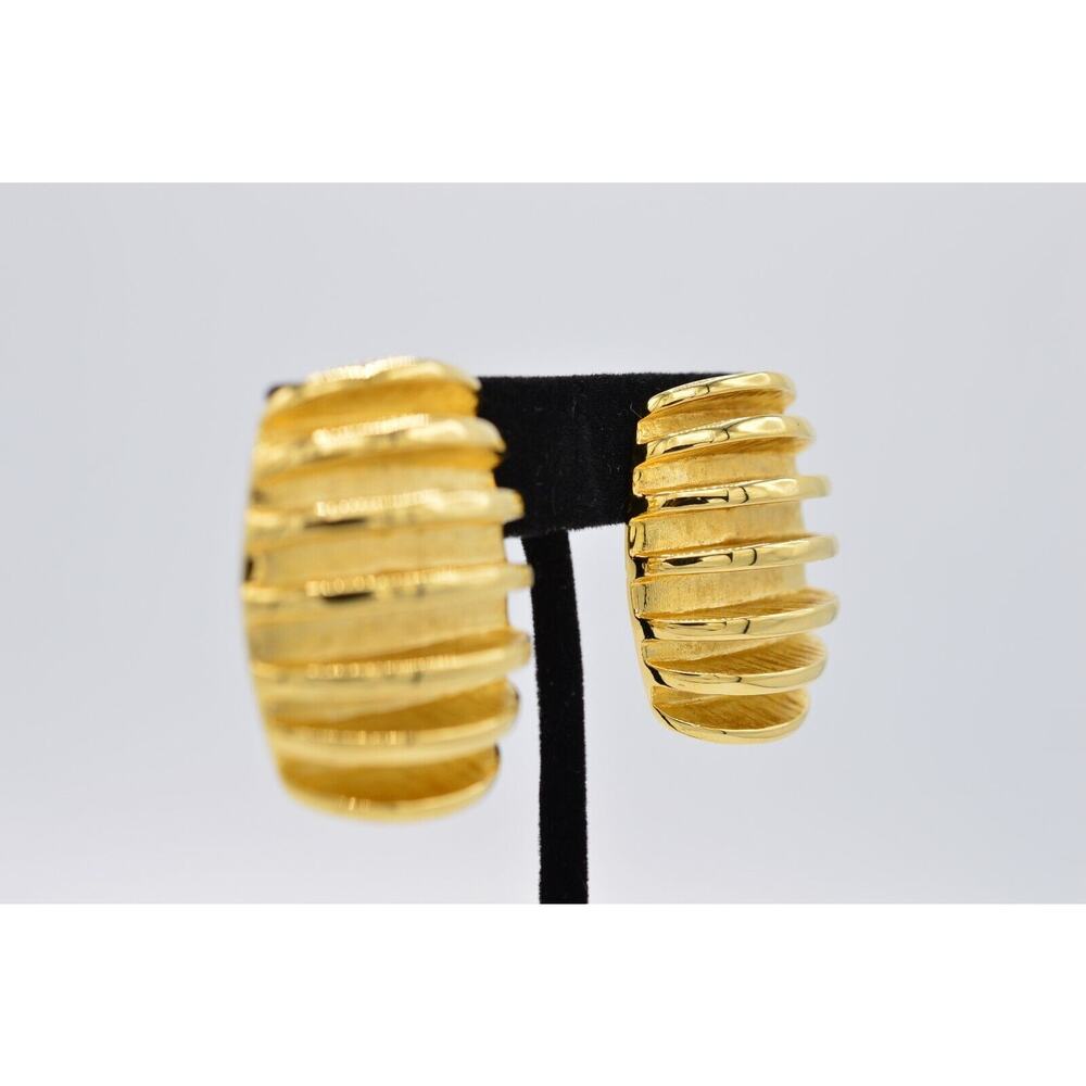 Givenchy Vintage Clip On Earrings Ribbed Chunky Heavy Gold Signed NOS 1980s BinX - Picture 4 of 12